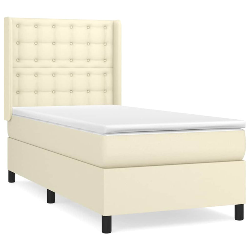 Pat box spring cu saltea, crem, 90x190 cm, piele ecologică