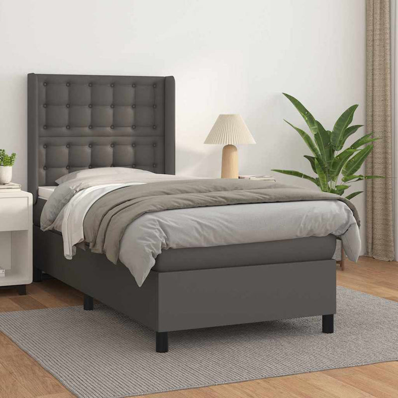 Pat box spring cu saltea, gri, 90x190 cm, piele ecologică