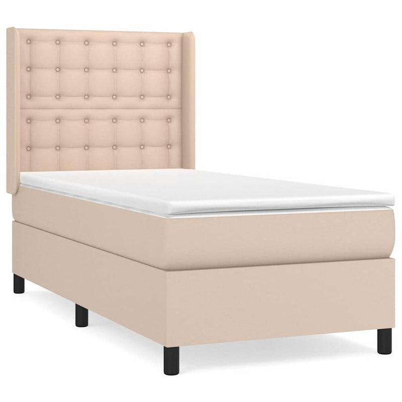 Pat box spring cu saltea, cappuccino, 90x190 cm piele ecologică