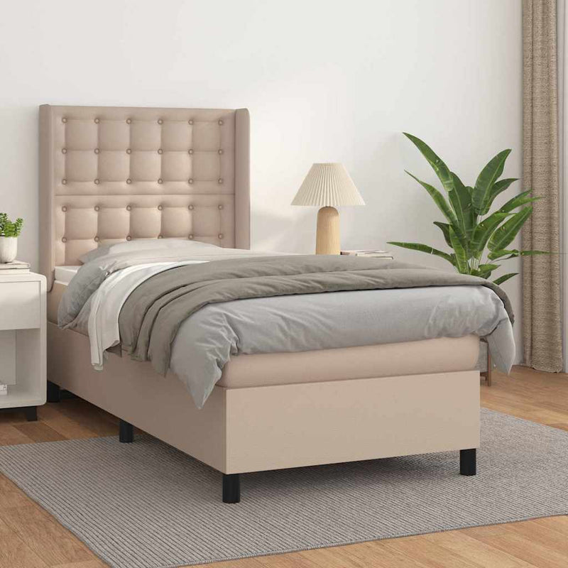 Pat box spring cu saltea, cappuccino, 90x190 cm piele ecologică