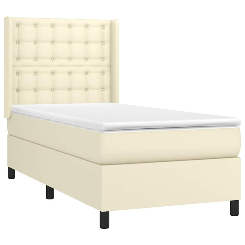 Pat box spring cu saltea, crem, 90x200 cm, piele ecologică
