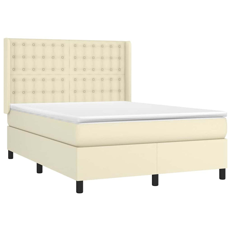 Pat box spring cu saltea, crem, 140x190 cm, piele ecologică