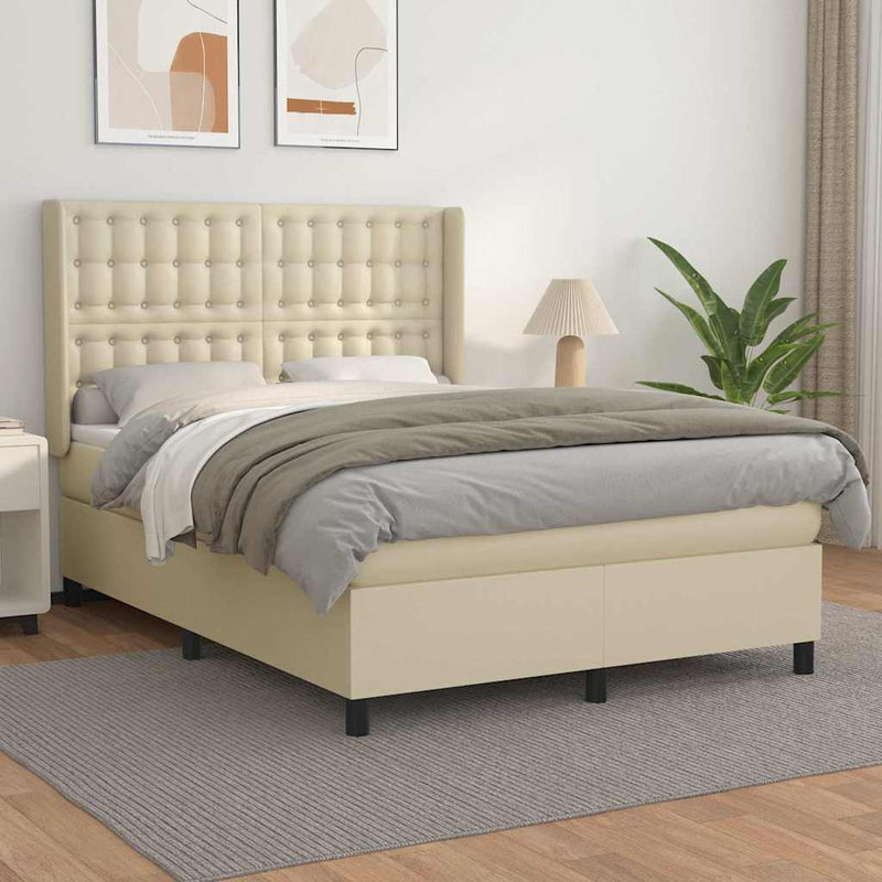 Pat box spring cu saltea, crem, 140x190 cm, piele ecologică