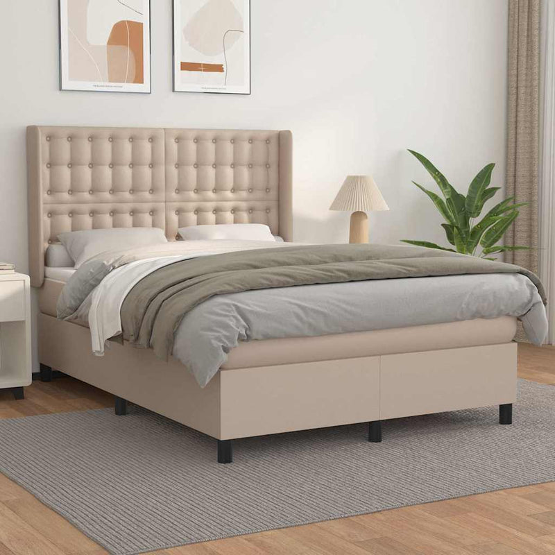 Pat box spring cu saltea, cappuccino, 140x190cm piele ecologică