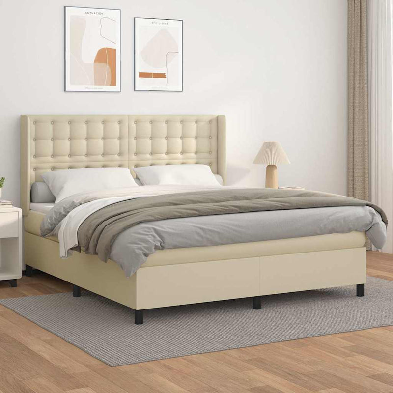 Pat box spring cu saltea, crem, 180x200 cm, piele ecologică