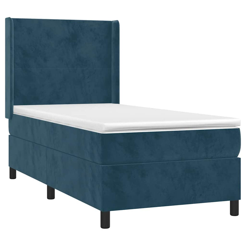 Pat box spring cu saltea, albastru închis, 90x200 cm, catifea