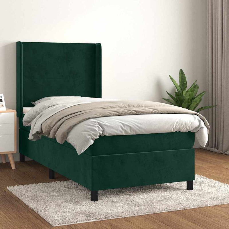 Pat box spring cu saltea, verde închis, 100x200 cm, catifea