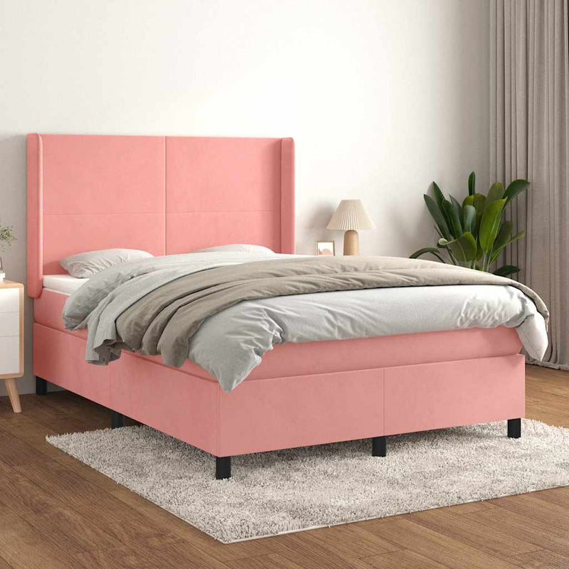 Pat box spring cu saltea, roz, 140x200 cm, catifea