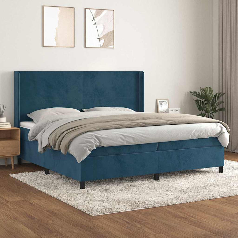 Pat box spring cu saltea, albastru închis, 200x200 cm, catifea