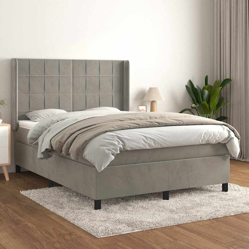 Pat box spring cu saltea, gri deschis, 140x200 cm, catifea