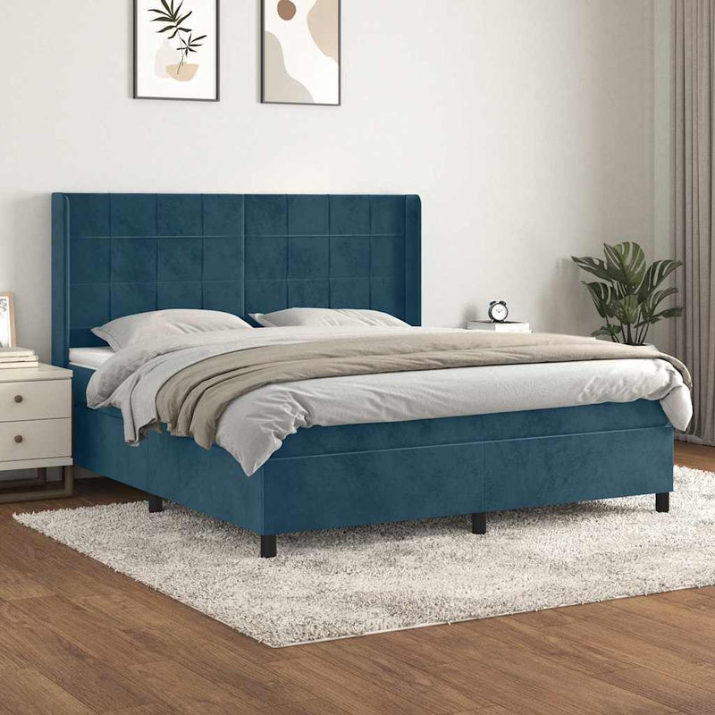 Pat box spring cu saltea, albastru închis, 160x200 cm, catifea