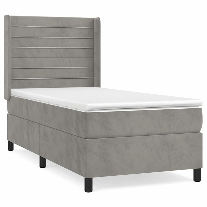 Pat box spring cu saltea, gri deschis, 90x200 cm, catifea