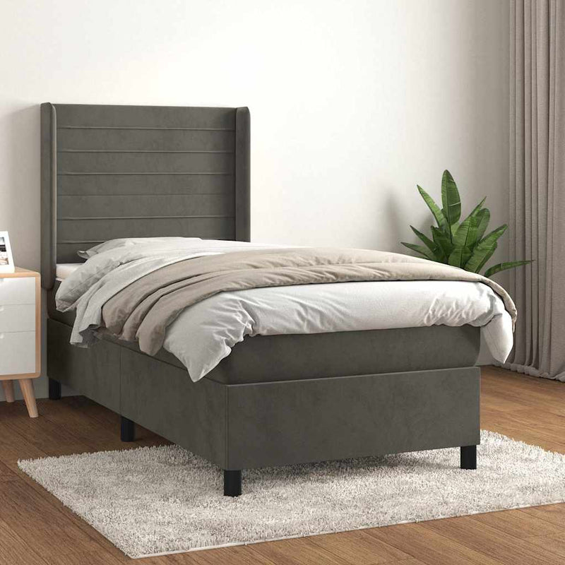 Pat box spring cu saltea, gri închis, 100x200 cm, catifea