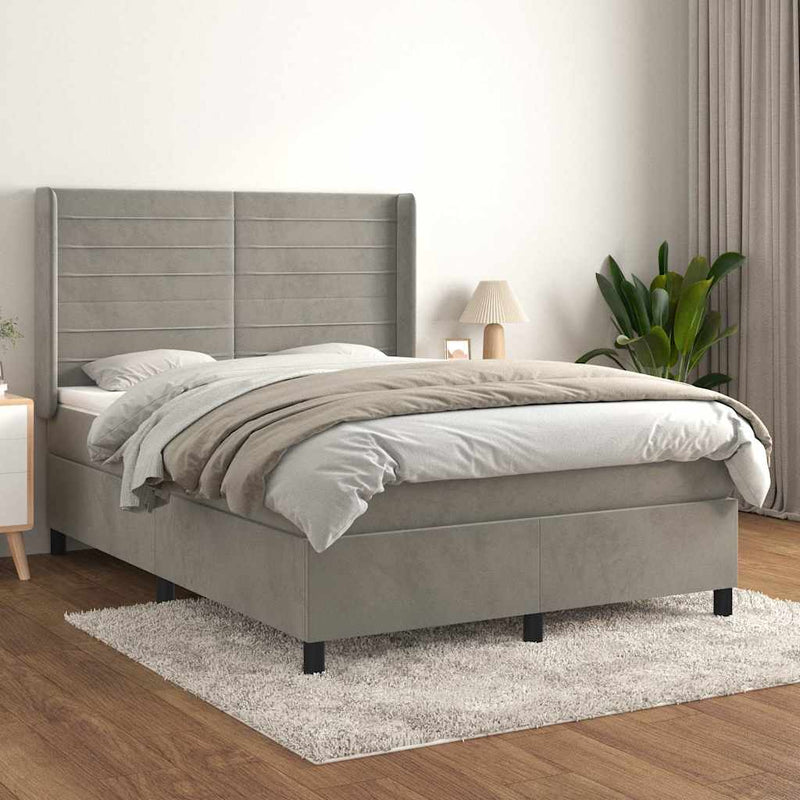 Pat box spring cu saltea, gri deschis, 140x200 cm, catifea