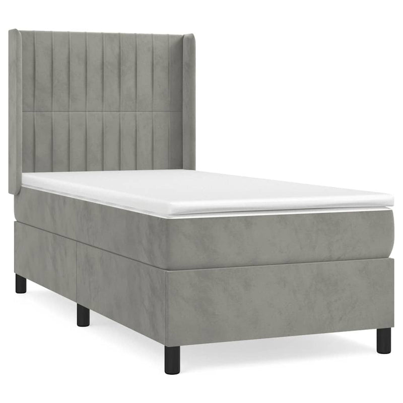 Pat box spring cu saltea, gri deschis, 90x200 cm, catifea