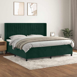 Pat box spring cu saltea, verde închis, 200x200 cm, catifea