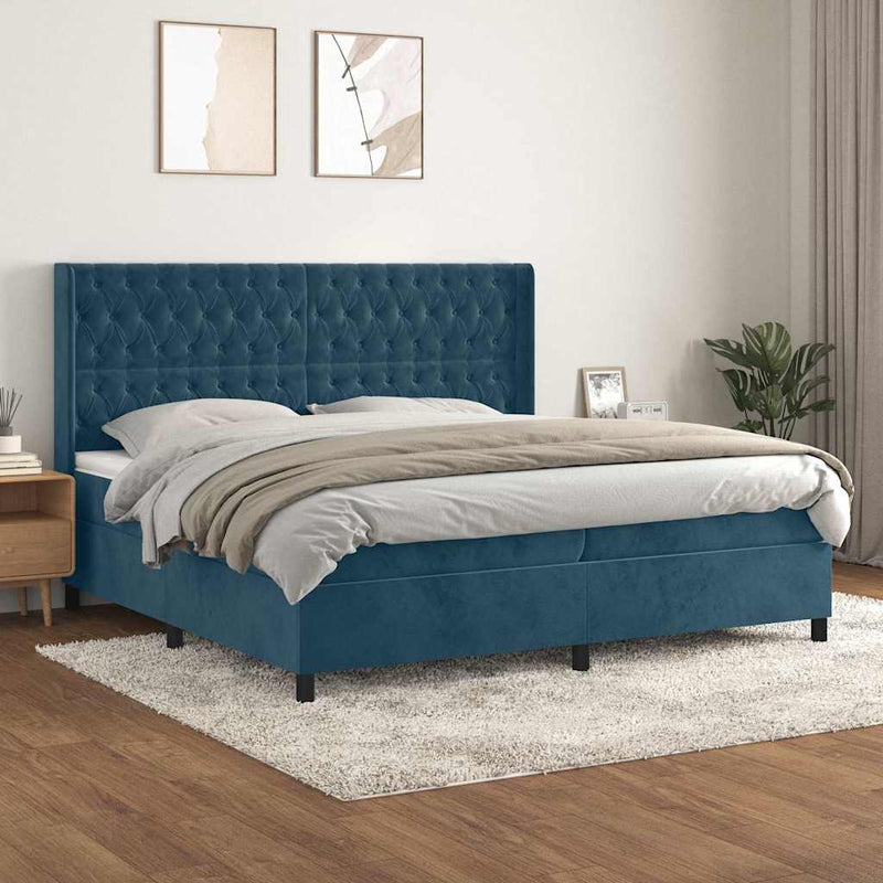 Pat box spring cu saltea, albastru închis, 200x200 cm, catifea