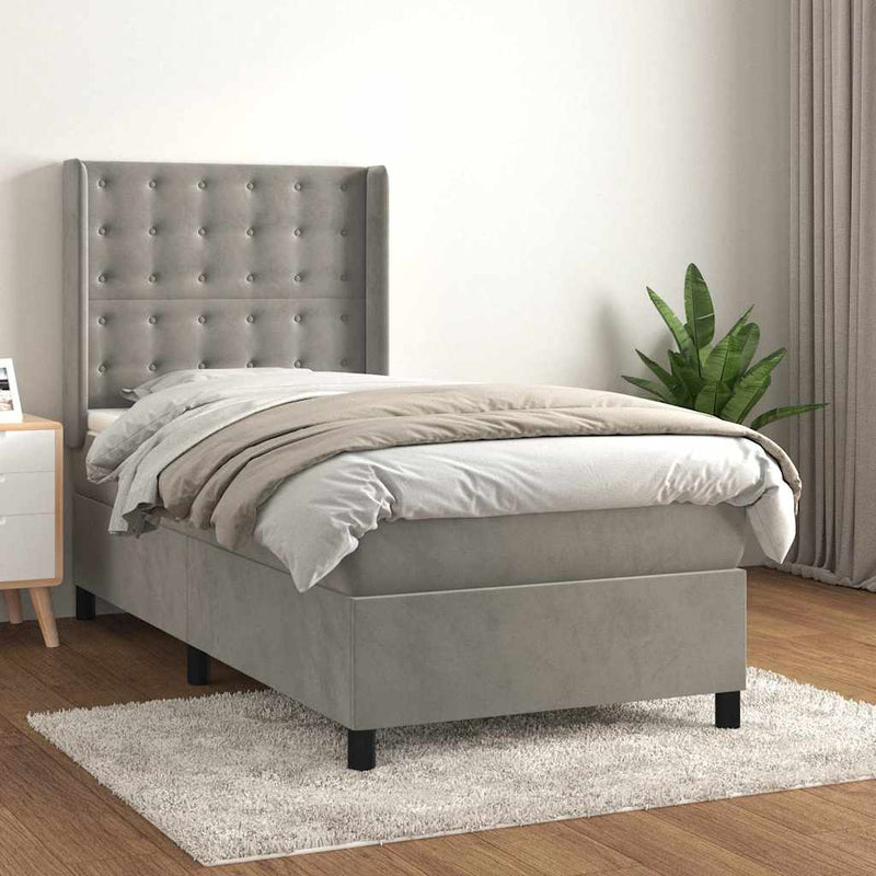 Pat box spring cu saltea, gri deschis, 100x200 cm, catifea