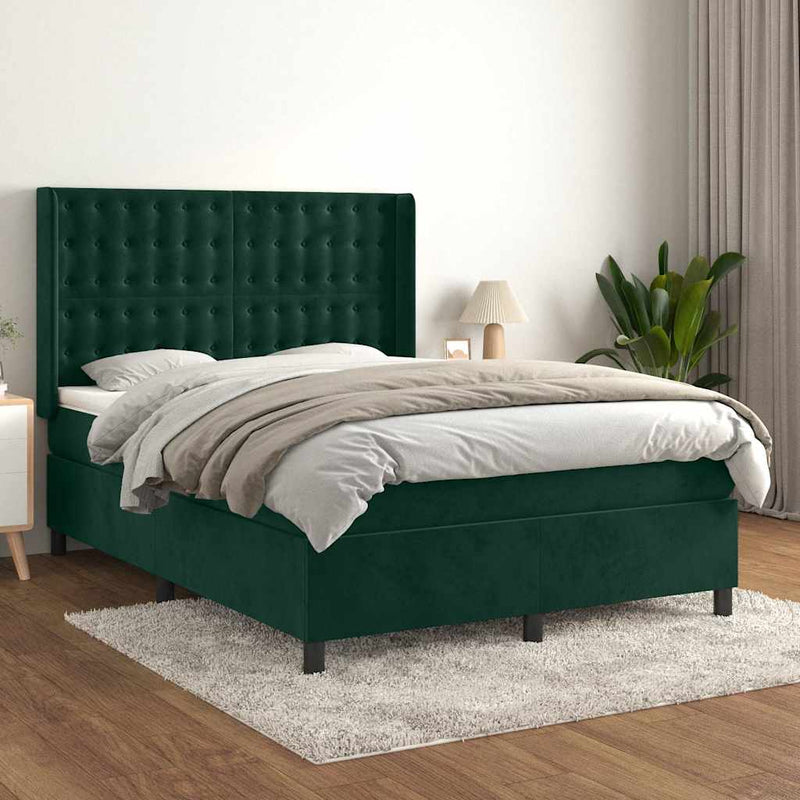 Pat box spring cu saltea, verde închis, 140x190 cm, catifea