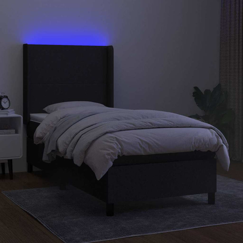 Pat cu arcuri, saltea și LED, negru, 90x190 cm, textil