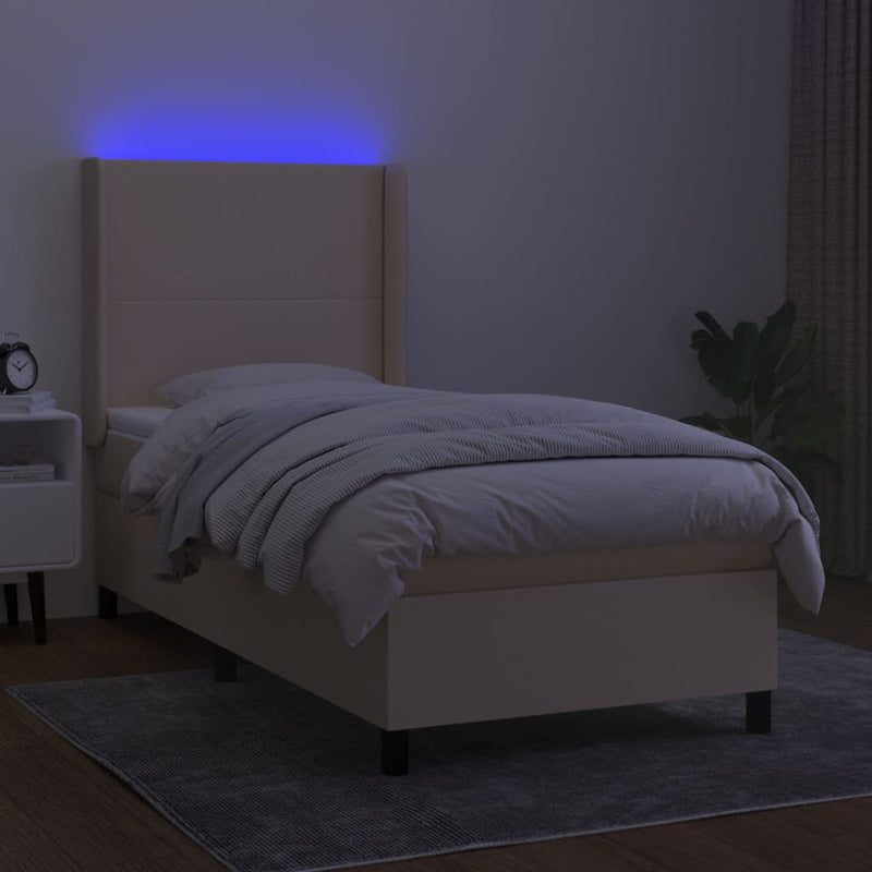 Pat cu arcuri, saltea și LED, crem, 90x190 cm, textil