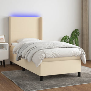 Pat cu arcuri, saltea și LED, crem, 90x190 cm, textil
