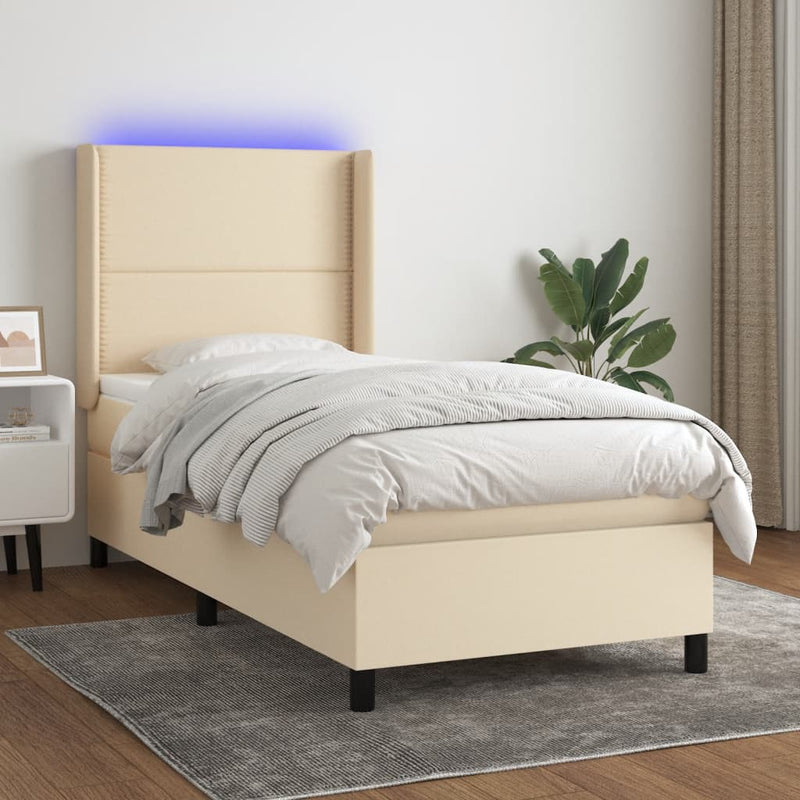 Pat cu arcuri, saltea și LED, crem, 90x190 cm, textil