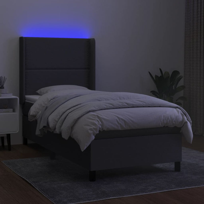 Pat cu arcuri, saltea și LED, gri închis, 90x200 cm, textil