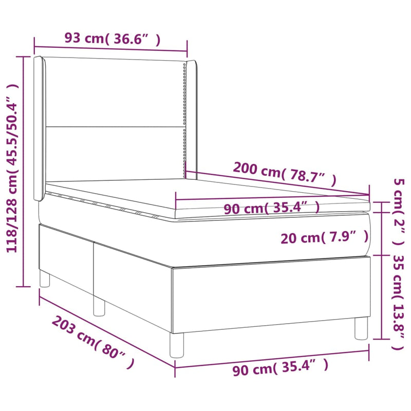 Pat cu arcuri, saltea și LED, gri închis, 90x200 cm, textil