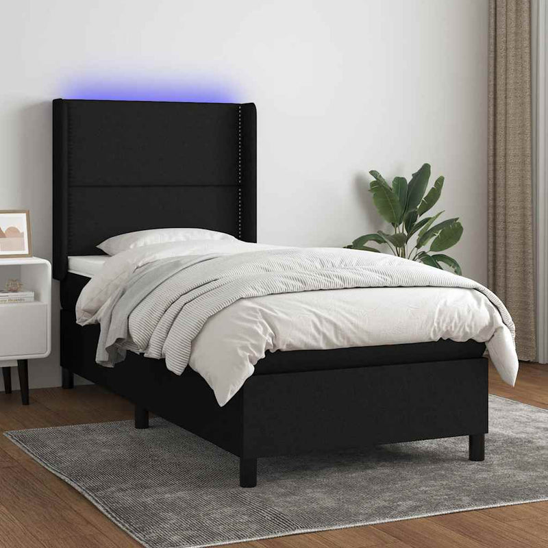 Pat cu arcuri, saltea și LED, negru, 100x200 cm, textil