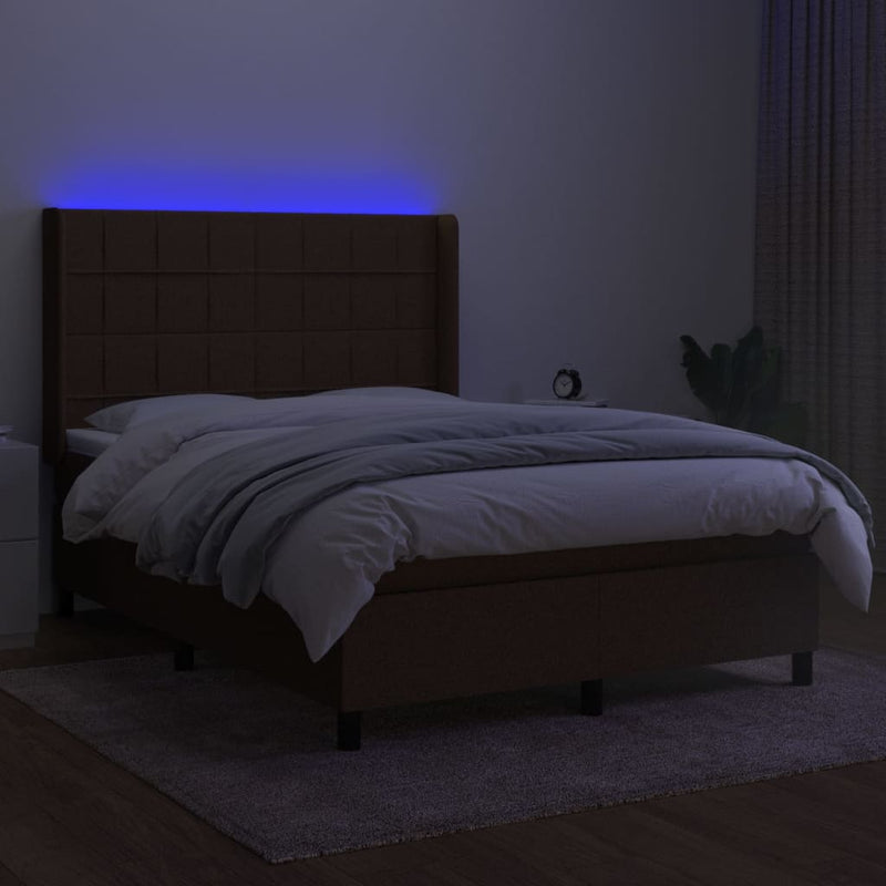 Pat cu arcuri, saltea și LED, maro închis, 140x190 cm, textil
