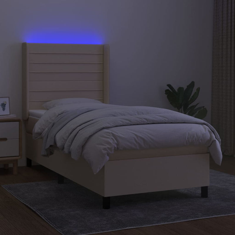 Pat cu arcuri, saltea și LED, crem, 80x200 cm, textil