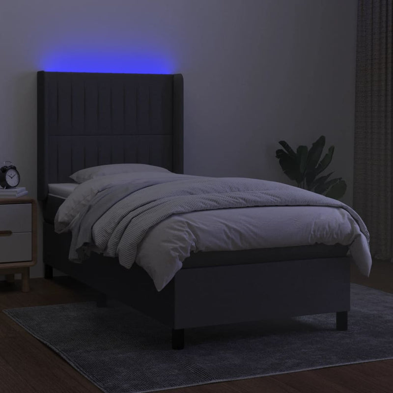 Pat cu arcuri, saltea și LED, gri închis, 90x190 cm, textil