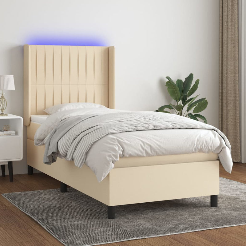 Pat cu arcuri, saltea și LED, crem, 90x190 cm, textil