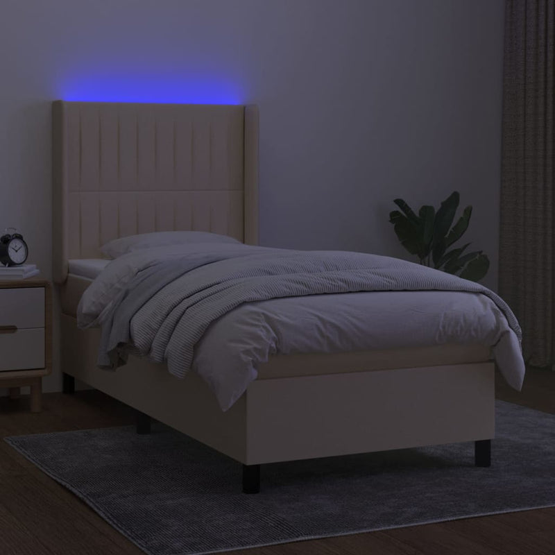 Pat cu arcuri, saltea și LED, crem, 100x200 cm, textil