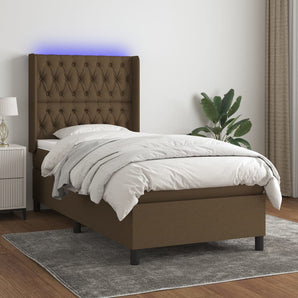 Pat cu arcuri, saltea și LED, maro închis, 90x190 cm, textil