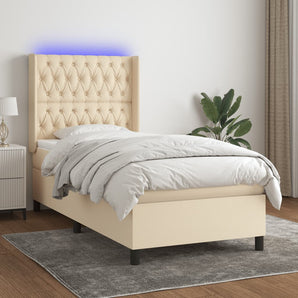 Pat cu arcuri, saltea și LED, crem, 90x190 cm, textil