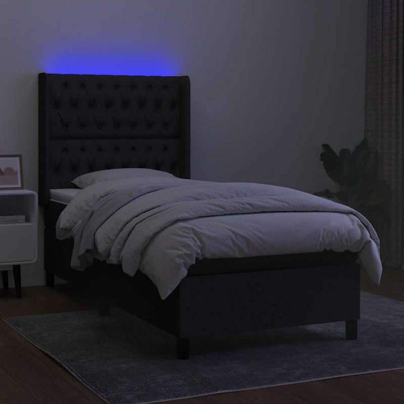 Pat cu arcuri, saltea și LED, negru, 100x200 cm, textil