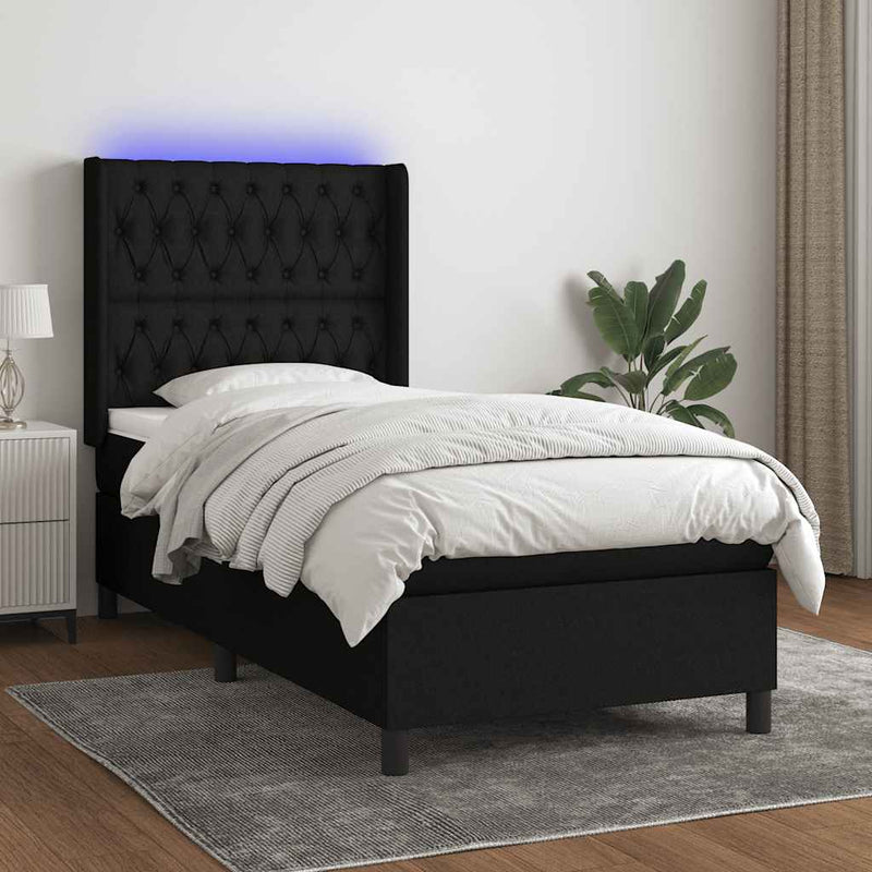 Pat cu arcuri, saltea și LED, negru, 100x200 cm, textil