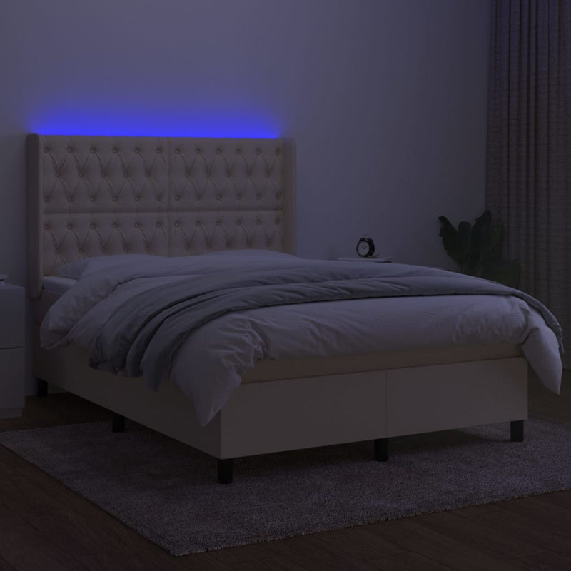 Pat cu arcuri, saltea și LED, crem, 140x200 cm, textil