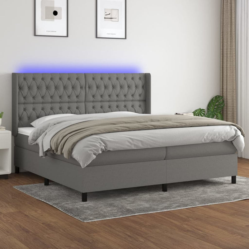 Pat cu arcuri, saltea și LED, gri închis, 200x200 cm, textil