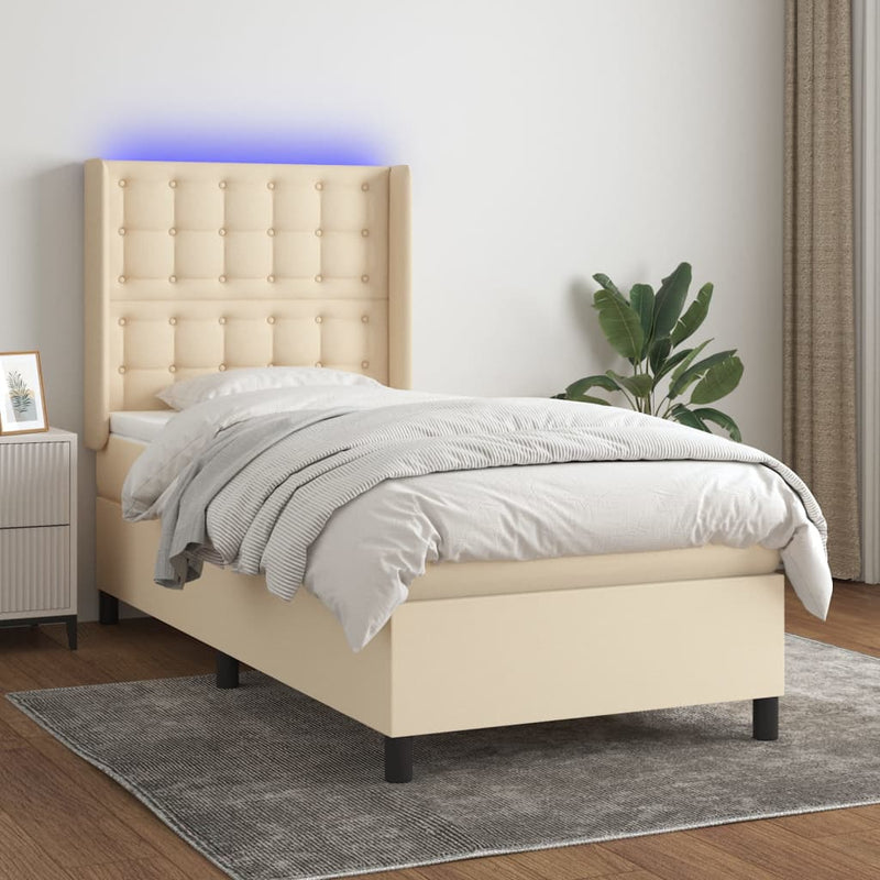 Pat cu arcuri, saltea și LED, crem, 80x200 cm, textil
