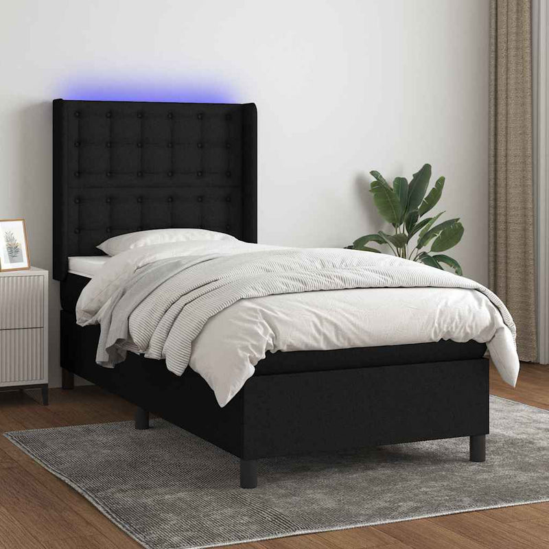 Pat cu arcuri, saltea și LED, negru, 90x190 cm, textil