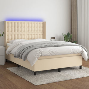 Pat cu arcuri, saltea și LED, crem, 140x190 cm, textil