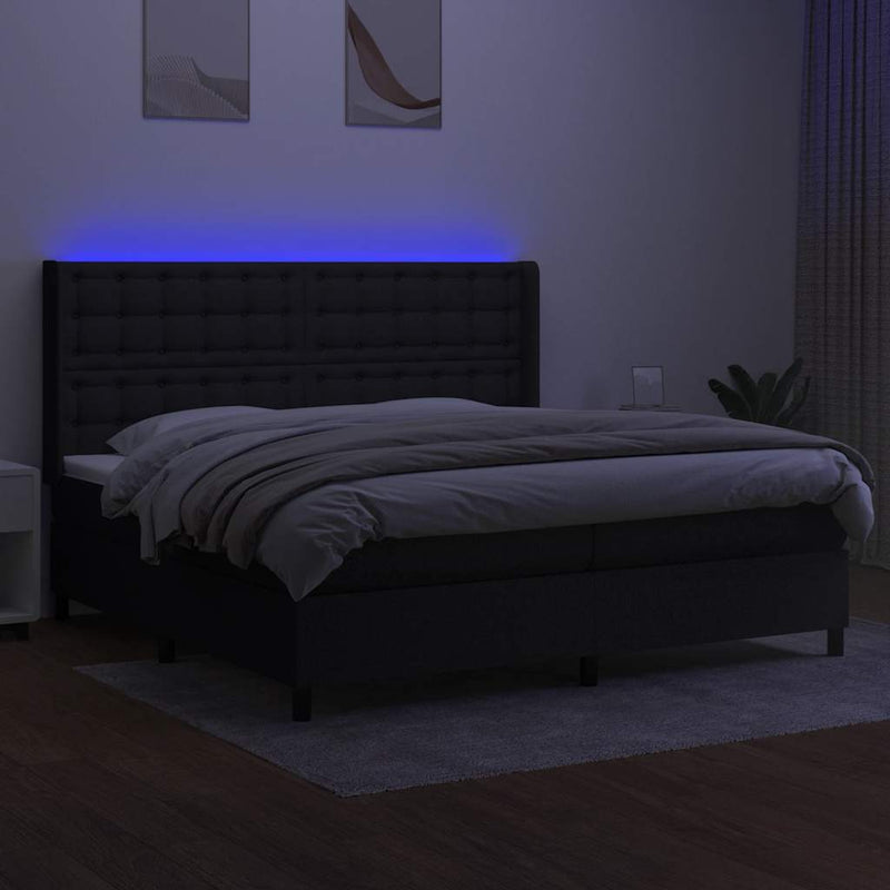 Pat cu arcuri, saltea și LED, negru, 200x200 cm, textil