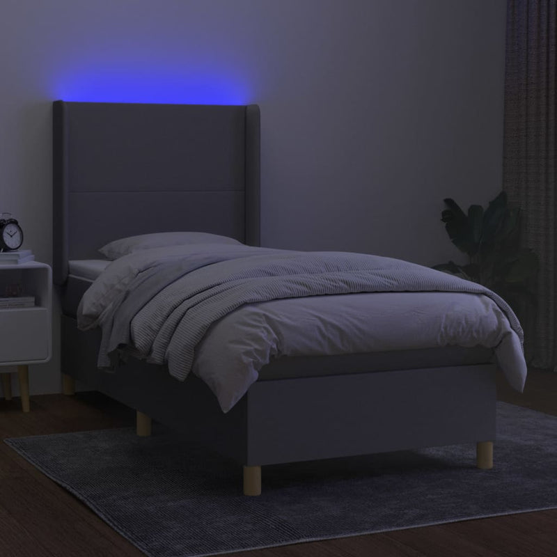 Pat cu arcuri, saltea și LED, gri deschis, 90x200 cm, textil