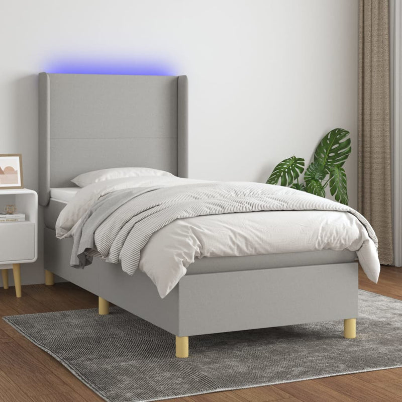 Pat cu arcuri, saltea și LED, gri deschis, 90x200 cm, textil