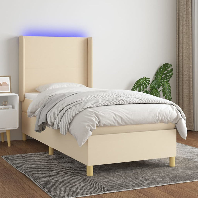 Pat cu arcuri, saltea și LED, crem, 90x200 cm, textil