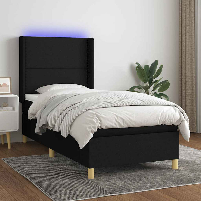 Pat cu arcuri, saltea și LED, negru, 90x200 cm, textil