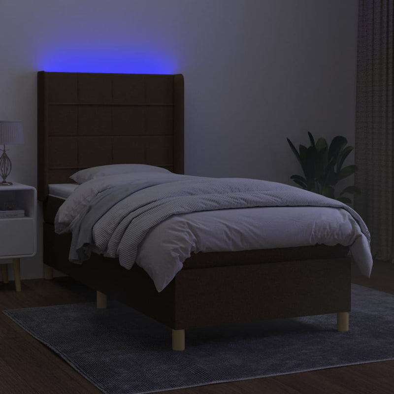 Pat cu arcuri, saltea și LED, maro închis, 90x190 cm, textil